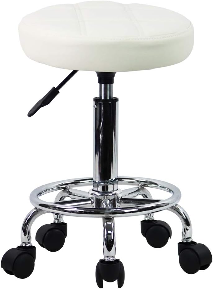 Round Rolling Stool Chair PU Leather Height Adjustable Swivel Drafting Work SPA Shop Salon Stools with Wheels Office Chair Small (White)