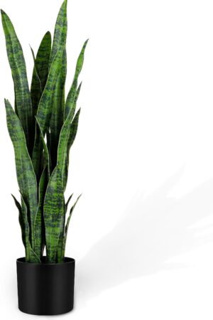 3ft Artificial Snake Plant, Fake Sansevieria Potted Plants, 32 Thick Lifelike Faux Leaves, Indoor Home Office Decor, Mother-in-Law Tongue Houseplant, 35in, Green