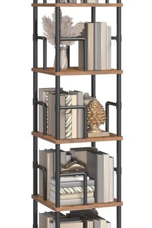 5-Tier Rotating Bookshelf, Freestanding Corner Bookshelf, 360° Spinning Bookcase, Industrial Style Storage Rack with Rails, for Living Room, Bedroom, Study, Rustic Brown and Black