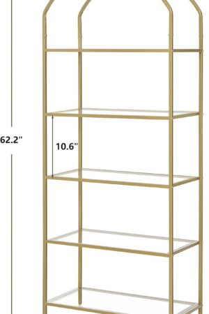 5-Tier Bookshelf Arched Display Racks, Metal Bookcase, Tempered Glass Shelves, Storage Rack Shelf for Home Office, Living Room, Bedroom, Bathroom, Modern Style, Golden