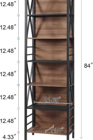 Tall Bookshelf, 7-Tier Book Shelf, Rustic Wood Metal Bookshelves and Bookcases, Freestanding and Industrial Open Bookcase for Home Office, Living Room and Bedroom, Vintage Brown