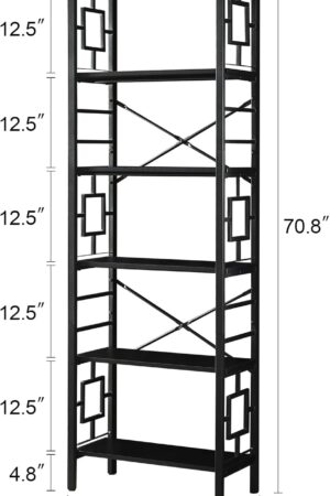 Tall Bookshelf, Industrial Bookshelf with Metal Frame and Open Shelves, 6 Tier Metal Bookshelves and Bookcases, Rustic Bookcase, Tall Book Shelf for Office, Living Room and Bedroom, Black
