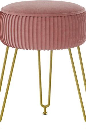 Velvet Round Footrest Ottoman, Makeup Vanity Stool Side Table, Velvet Dressing Table Seat, Pouf Couch Stool, Golden Steel Legs, Pink