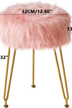 Faux Fur Vanity Stool Chair, Furry Makeup Stool Ottoman, Soft Padded Seat, Round Footrest Footstools with 4 Metal Legs, for Living Room Bedroom Entryway, Pink