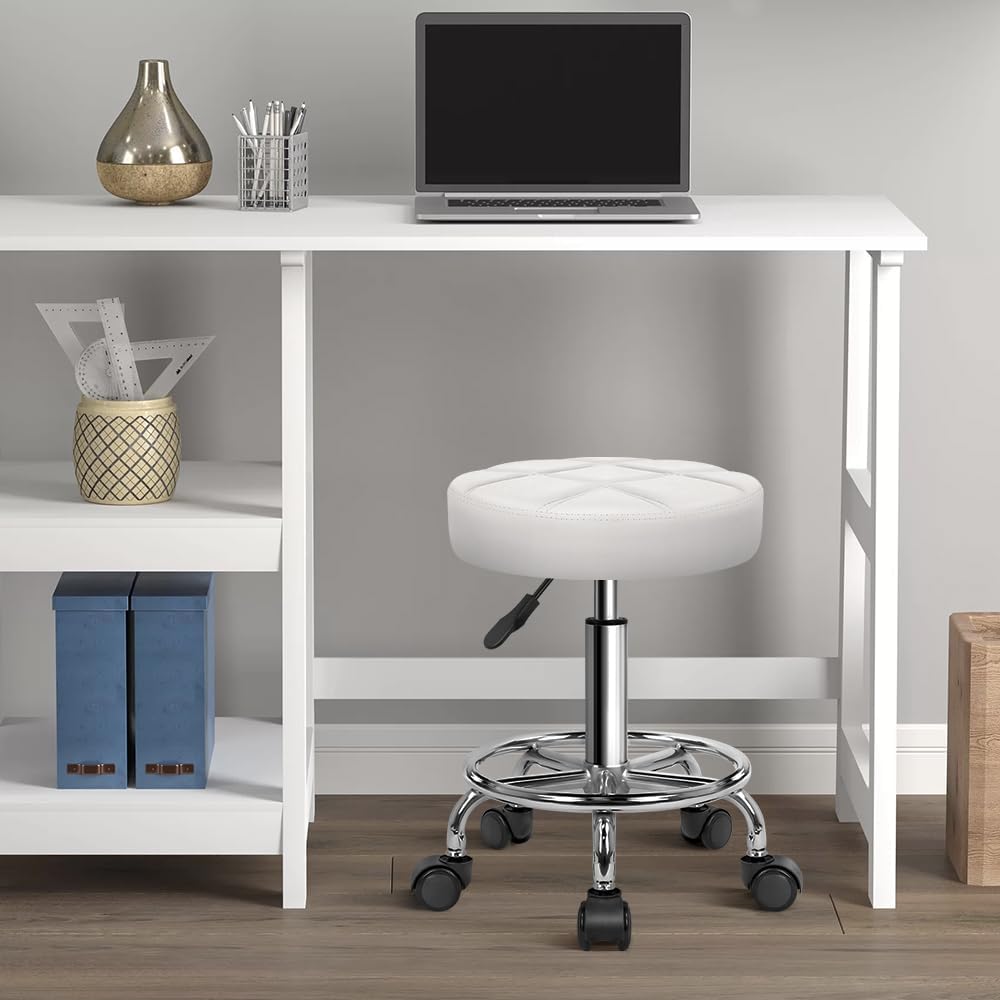 Round Rolling Stool Chair PU Leather Height Adjustable Swivel Drafting Work SPA Shop Salon Stools with Wheels Office Chair Small (White) - Image 2