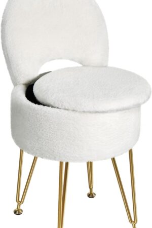 Small Vanity Stool Chair with Storage and Folding Back, 13" x 13" x 17.7" Faux Fur Soft Ottoman for Teenager, 4 Metal Legs with Anti-Slip Feet, Furry Padded Seat for Makeup, Bedroom, White
