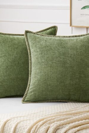 Pack of 2 Couch Throw Pillow Covers 20x20 Inch Sage Green Farmhouse Decorative Pillow Covers with Stitched Edge Soft Chenille Solid Dyed Spring Pillow Covers for Sofa Bed Living Room