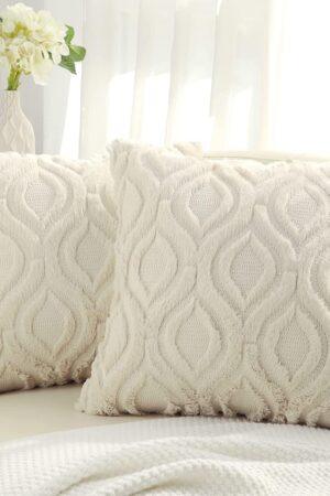 Throw Pillow Covers 18x18 Inch Set of 2, Soft Plush Faux Wool Beige Couch Pillow Covers, Spring Solid Dyed Accent Pillow Cases for Sofa Bed Living Room Home Decor