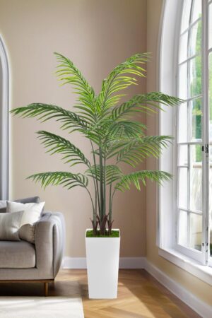 5.5FT Artificial Palm Tree with White Tall Planter and Realistic Leaves, Fake Tropical Floor Potted Faux Plants for Home Office Living Room Indoor Outdoor Decor (5.5feet,1Pack)