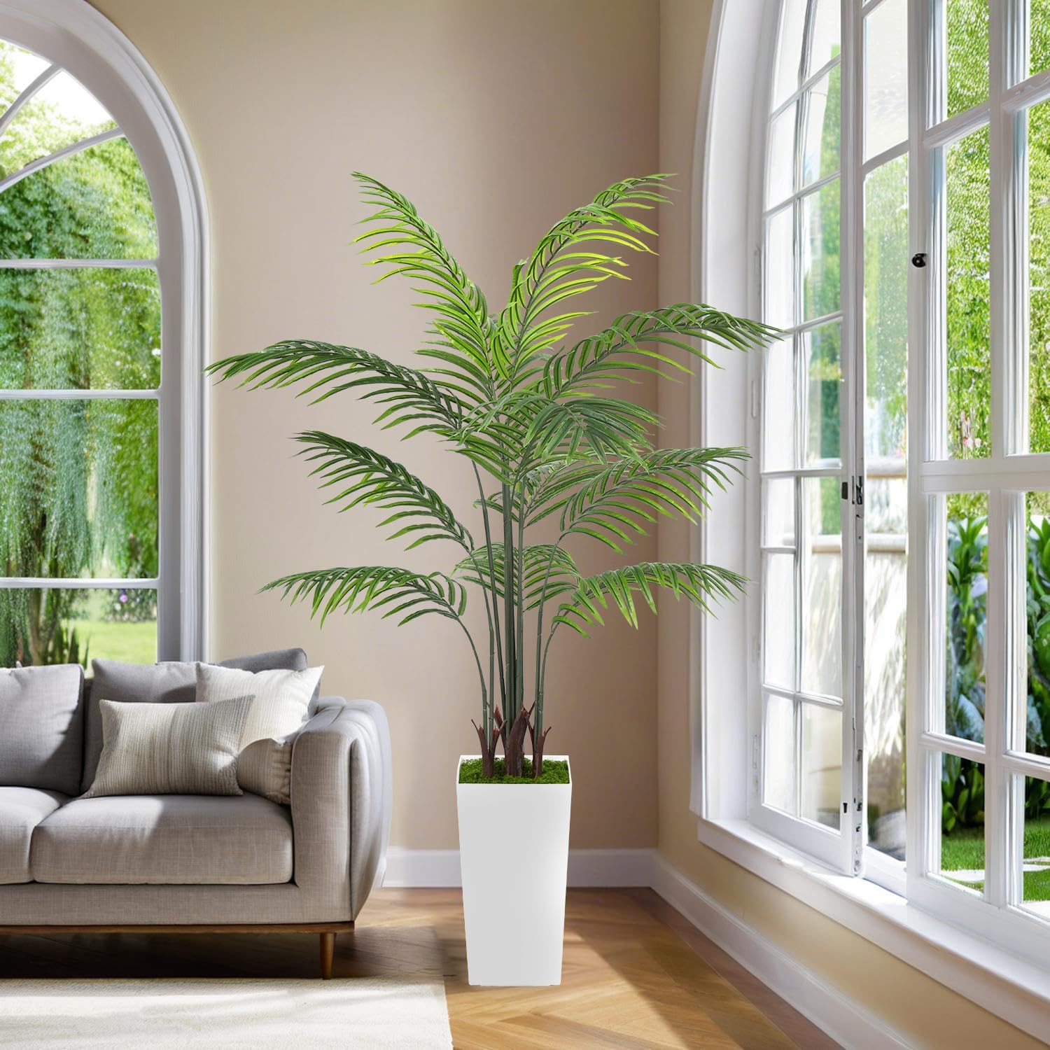5.5FT Artificial Palm Tree with White Tall Planter and Realistic Leaves, Fake Tropical Floor Potted Faux Plants for Home Office Living Room Indoor Outdoor Decor (5.5feet,1Pack)