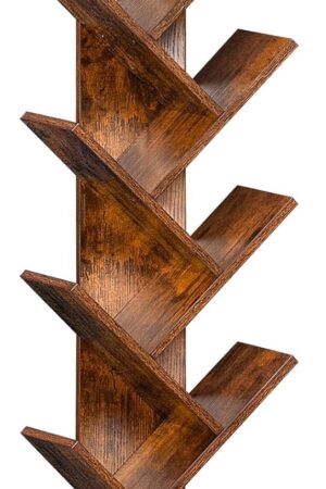 10 Tier Tree Book Shelf, Floor Standing Wood Bookshelf for Narrow Space, Storage Organizer Bookshelves for Books/s/Magazine, Bookcase with Shelves for Home Office, Living Room - Brown