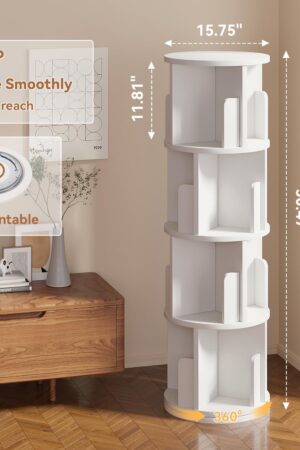 Rotating Bookshelf, 360 Display 4 Tier, Small Corner Bookshelf for Small Space, Floor Standing Bookcase Storage Rack, Wood Narrow Book Shelf Organizer for Bedroom, Living Room, White