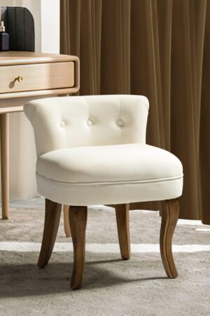 Velvet Vanity Stool with Low Back, Modern Vanity Chair with Solid Wood Legs, Small Upholstered Makeup Chair Home Decor for Bedroom Living Room Dressing Table, Women Girls, Ivory