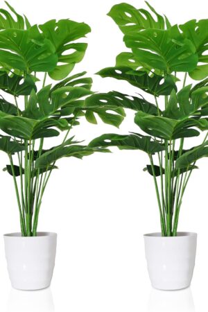 Set of 2 Artificial Monstera Deliciosa Plants in Pots, Fake Tropical Palm Tree with Greenery Leaves Stems, 28 Inch Artificial Cheese Plant for Home Bathroom, Office, Windowsill Decor