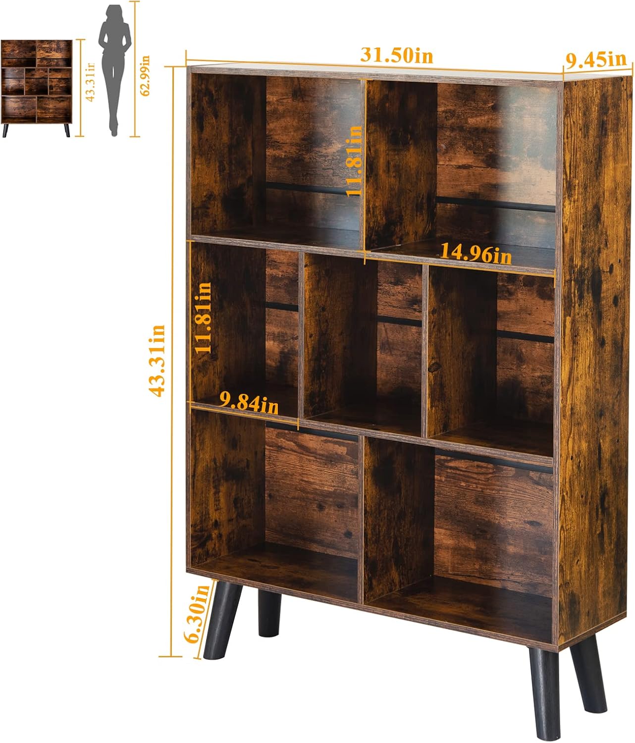 Cube Bookshelf 3 Tier Mid-Century Rustic Brown Modern Bookcase with Legs,Retro Wood Bookshelves Storage Organizer Shelf,Freestanding Open Book Shelves for Bedroom,Living Room,Office - Image 2