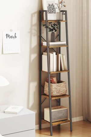 Ladder Shelf, Bookshelf Bookcase, Freestanding Corner Storage Shelve with 2 Hooks for Home Office, Living Room, Kitchen, Bedroom, Industrial, 5-Tier Rustic Brown