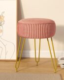 Velvet Round Footrest Ottoman, Makeup Vanity Stool Side Table, Velvet Dressing Table Seat, Pouf Couch Stool, Golden Steel Legs, Pink