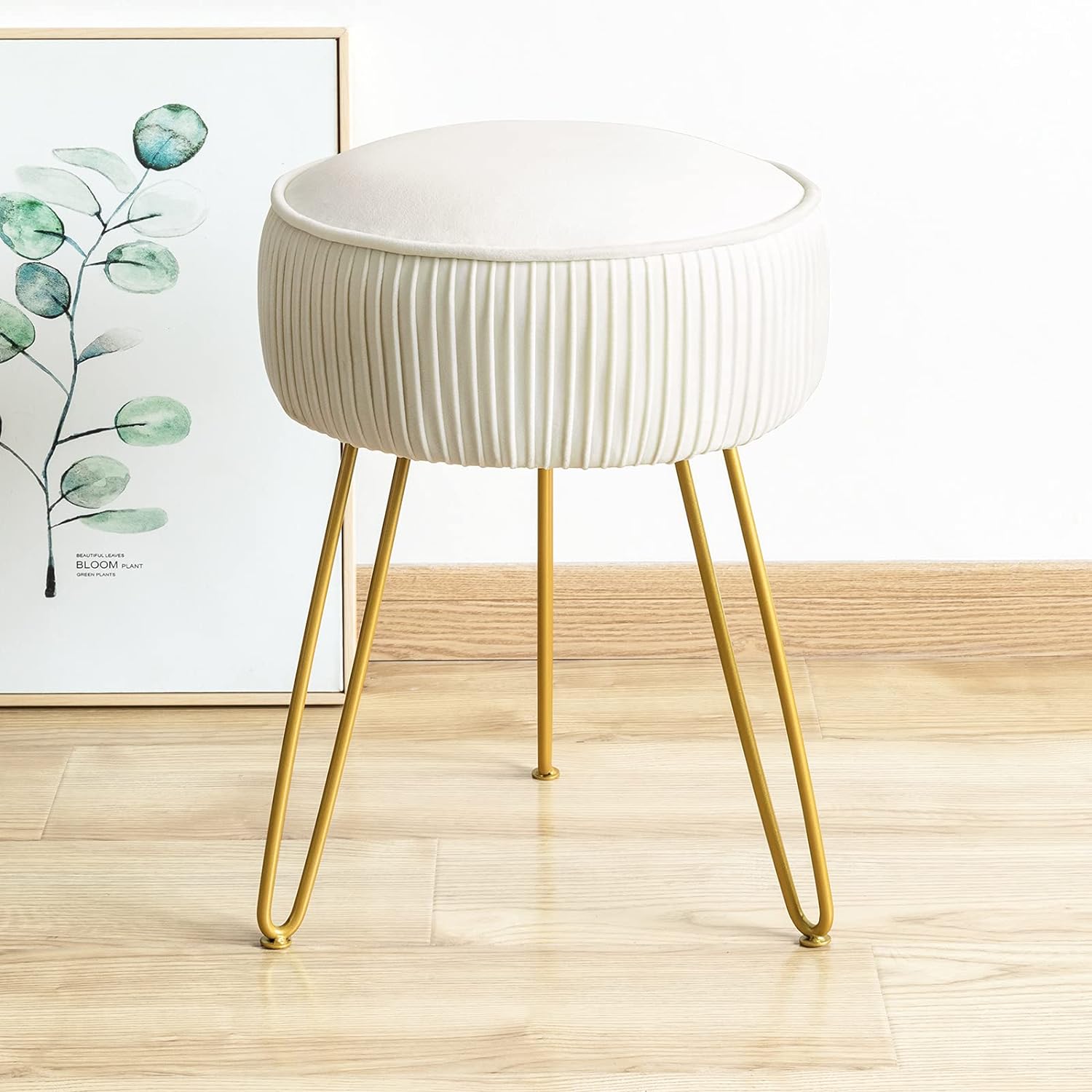 Pleated Vanity Stool, Velvet Upholstered Vanity Stool for Makeup Room, Round Stool for Vanity, Ottoman Footrest Stool with Metal Legs for Living Room, Bedroom, White