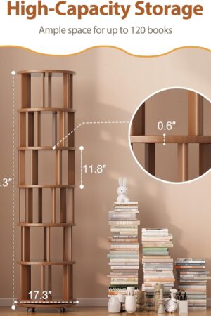 Solid Wood Rotating Bookshelf on Wheels, 6 Tier, Round Revolving Bookcase, 360° Spinning Book Shelf Tower for Kids, Narrow Rolling Bookshelves for Small Space, Corner, Bedroom, Office, Walnut