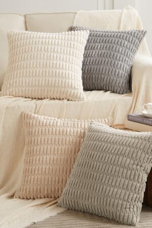 4 Packs Neutral Decorative Throw Pillow Covers 18x18 Inch for Living Room Couch Bed Sofa, Rustic Farmhouse Boho Home Decor, Soft Plush Striped Corduroy Square Cushion Case 45x45 cm