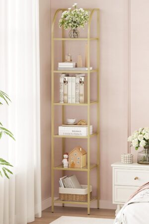 Bookcase Bookshelf, Tempered Glass Arched Bookshelf for More Storage, Slim Shelving Unit for Bedroom, Bathroom, Home Office, Steel Frame, 6 Tier Gold
