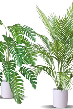 2pcs Artificial Palm Tree Fake Monstera Plants Indoor Tropical Palm Leaves Plastic Turtle Foliage Faux Green Plants for Home Office Garden Outdoor Decor (Palm and Monstera)
