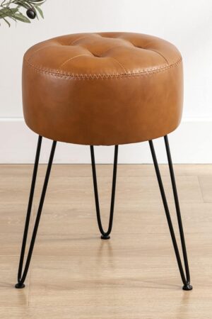 Faux Leather Vanity Stool Chair for Makeup Room,Brown Stool for Vanity,19” Height, Tufted Small Vanity Chair with Metal Legs, Modern Foot Ottoman for Bedroom, Living Room