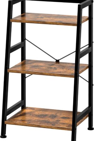3-Tier Bookshelf, Ladder Shelf, Industrial Bookcase with Steel Frame, Metal Small Bookcase, Stand up Shelves for Living Room, Home Office, Kitchen, Bedroom, Industrial Style（Rustic Brown & Black）