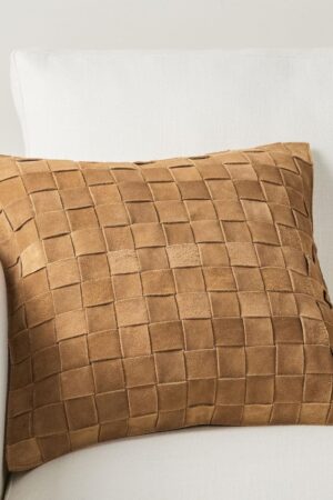 Genuine Lamb Leather Cushion Pillow Cover - Luxury Leather Pillow Case - Modern, Boho, Farmhouse Home Decor - Bedroom Couch, Living Room, Sofa Bed (Basketweave - Camel, 22" x 22")