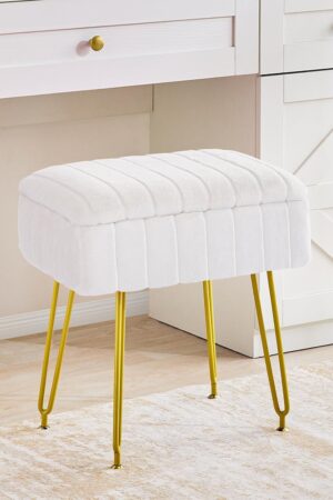 Vanity Stool with Storage, Vanity Stool Chair, Faux Fur Vanity Chair with Gold Metal Leg, Footrest Footstool Ottoman, Multifunctional Makeup Vanity Chair for Vanity Makeup Room Bedroom(White)