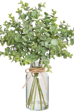 Fake Eucalyptus Stems in Glass Vase with Faux Water,14" Artificial Plants Eucalyptus Leaves for Shelf Desk Bathroom Farmhouse Room Coffee Table Home Decor (Sage Green)