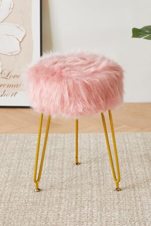 Faux Fur Vanity Stool Chair, Furry Makeup Stool Ottoman, Soft Padded Seat, Round Footrest Footstools with 4 Metal Legs, for Living Room Bedroom Entryway, Pink