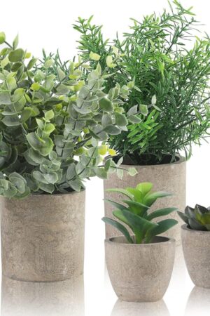 4 Packs Fake Plants Small Artificial Plants Indoor Eucalyptus Rosemary Succulents Plants Potted Faux Plants for Home Indoor Office Bathroom Living Room Decor