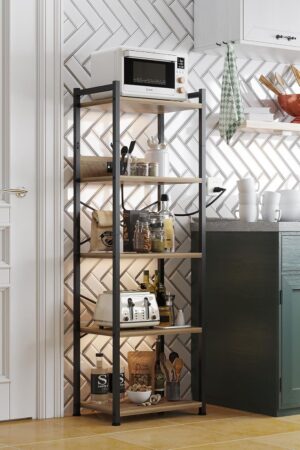 5 Tier Bookcase with Charging Station, Small Bookshelf Industrial Bookcase Storage Shelf, Organizer for /Movie/Book Displaying, Bookshelves for Bedroom Office Living Room