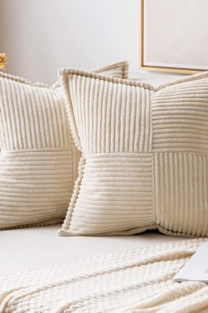 Corduroy Pillow Covers with Splicing Set of 2 Super Soft Boho Striped Pillow Covers Broadside Decorative Spring Throw Pillows for Couch Cushion Livingroom 18x18 inch, Beige