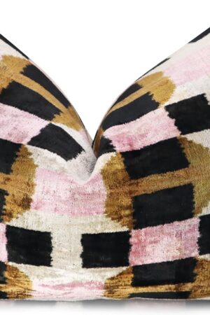 Handmade Pink & Brown Geometric Silk Velvet Throw Pillow – 16x24 Inch, Naturally Dyed, Down Feather Insert, Luxury Decorative Cushion for Sofa & Bed
