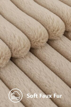 Faux Fur Throw Pillow Covers 18x18 Set of 2, Decorative Soft Plush Striped Couch Pillow Covers with Velvet Back for Sofa, Bed, Living Room, Khaki