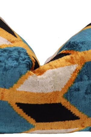 Handmade Velvet Throw Pillow, 16x24 Inches, Premium Down Feather Insert, Geometric Blue, Gold, Black Design, Soft and Luxurious Cushion for Sofa, Bedroom, and Living Room