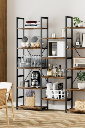Triple Column 5 Tier Bookshelf, Bookcase with 14 Open Display Shelves, Adjustable Rustic Industrial Style Book Shelves, Modern Bookshelves for Bedroom, Living Room and Home Office, Vintage