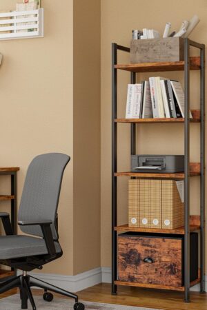5 Tier Bookshelf with Drawer, Tall Narrow Bookcase with Shelves, Wood and Metal Bookshelves Storage Organizer, Industrial Display Standing Shelf Unit for Bedroom, Living Room, Rustic Brown