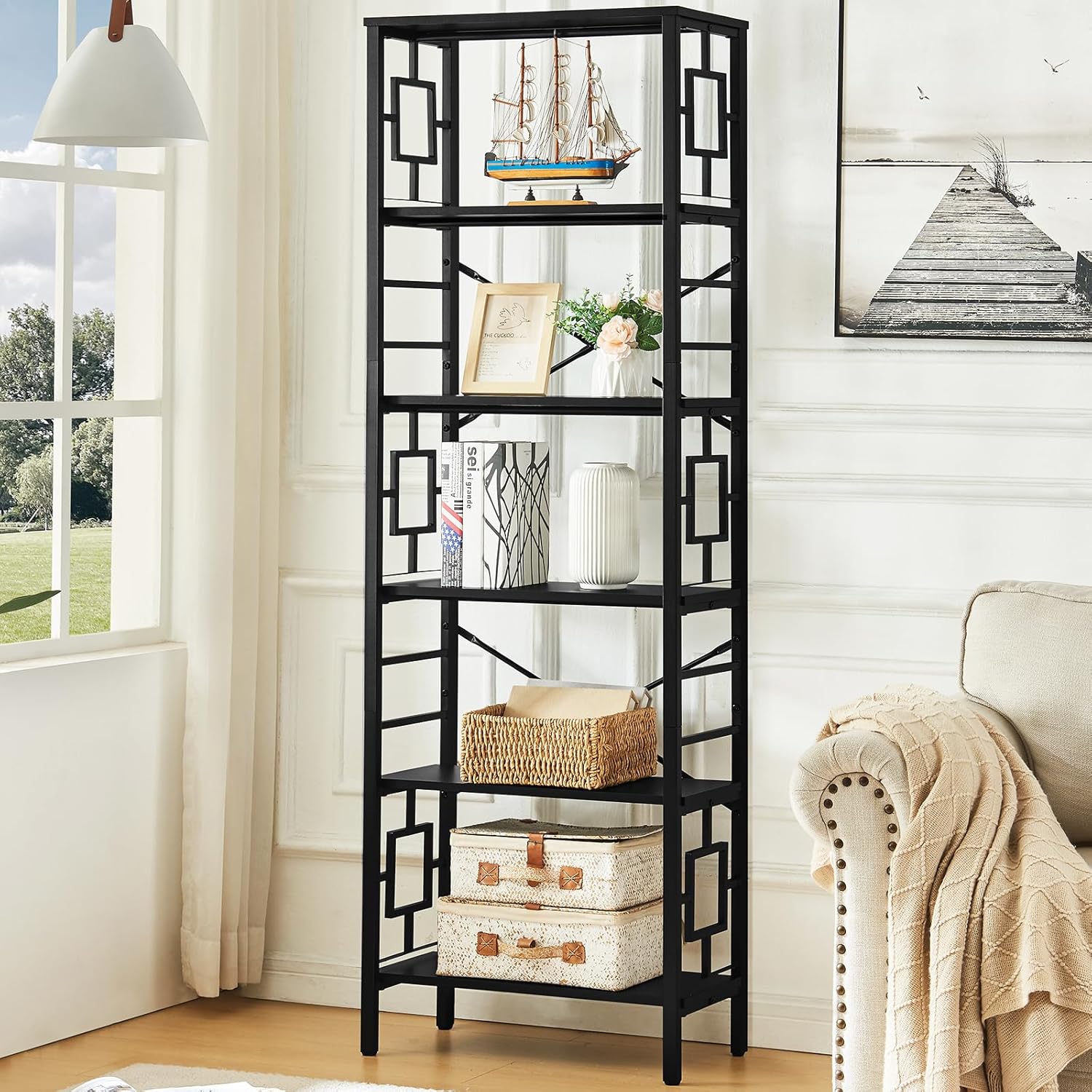 Tall Bookshelf, Industrial Bookshelf with Metal Frame and Open Shelves, 6 Tier Metal Bookshelves and Bookcases, Rustic Bookcase, Tall Book Shelf for Office, Living Room and Bedroom, Black
