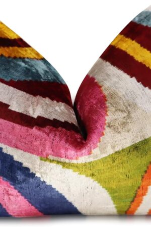 Handmade Multi-Color Rainbow Silk Velvet Throw Pillow – 16x24 Inch, Naturally Dyed, Decorative Accent Cushion with Down Feather Insert – Luxury Bohemian Ikat Pattern for Sofa & Bed