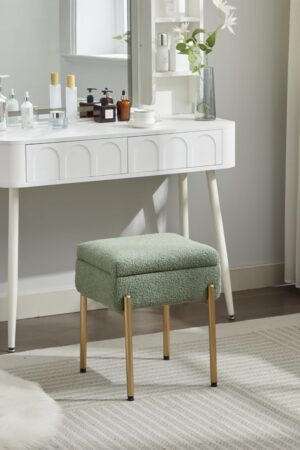 Vanity Stool Chair, Small Ottoman Stool with Storage, Makeup Vanity Chair with Anti-Slip Feet, Footstool Ottoman with Metal Legs, Storage Chairs for Makeup Room, Bedroom, Living Room (Green)