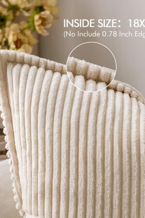 Corduroy Pillow Covers with Splicing Set of 2 Super Soft Boho Striped Pillow Covers Broadside Decorative Spring Throw Pillows for Couch Cushion Livingroom 18x18 inch, Beige