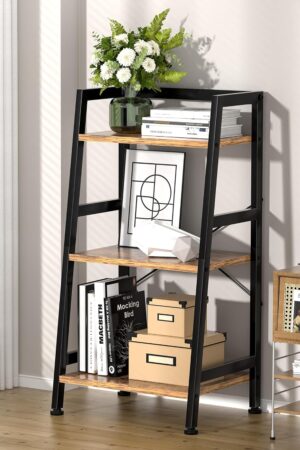 3-Tier Bookshelf, Ladder Shelf, Industrial Bookcase with Steel Frame, Metal Small Bookcase, Stand up Shelves for Living Room, Home Office, Kitchen, Bedroom, Industrial Style（Rustic Brown & Black）