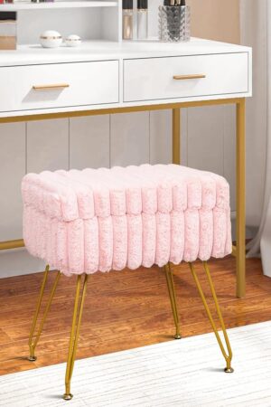 Faux Fur Pink Vanity Stool Chair with Storage Ottoman, Vanity Chair for Makeup Room, Vanity Stools for Bedroom, Footrest with Metal Legs and as a Coffee Table, Pink
