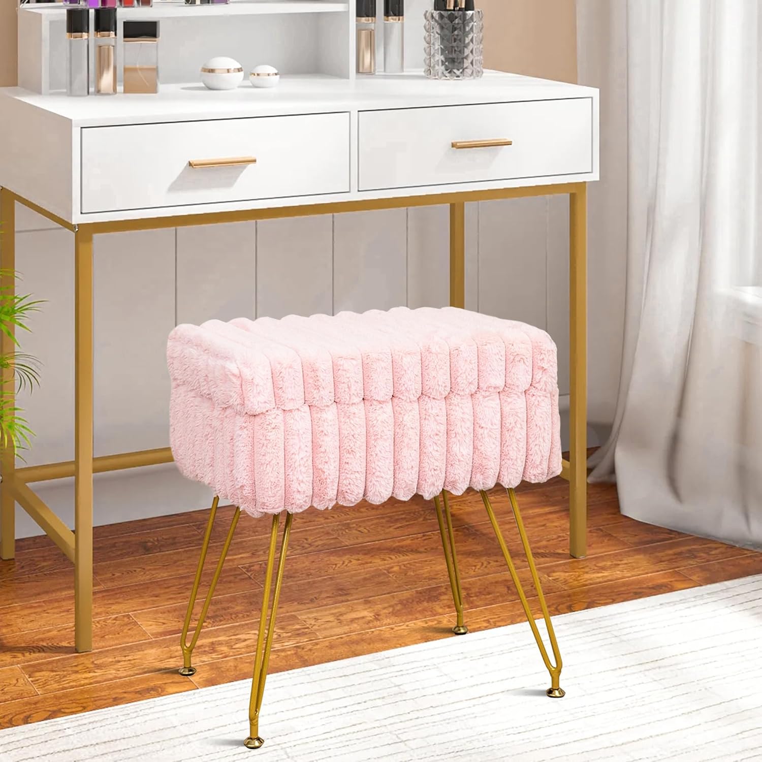 Faux Fur Pink Vanity Stool Chair with Storage Ottoman, Vanity Chair for Makeup Room, Vanity Stools for Bedroom, Footrest with Metal Legs and as a Coffee Table, Pink