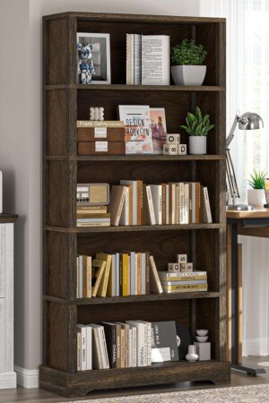 5-Shelf Wood Bookcase, 65 Inch Tall Bookshelf with Storage, Floor Standing Display Book Shelf (Rustic Brown)