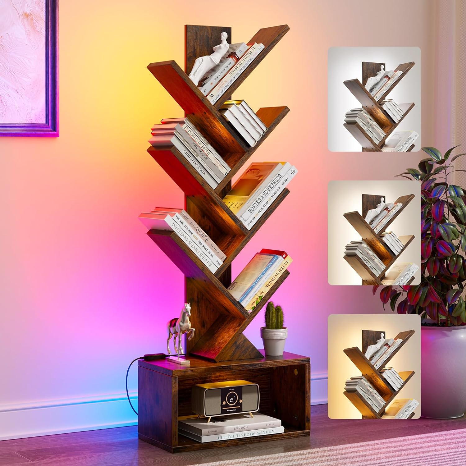 6 Tier Tree Bookshelf with Lights, Book Tree Bookshelf with Storage Organizer, Small Corner Bookcase Floor Standing Book Shelf for Living Room, Bedroom & Home Office, Rustic Brown