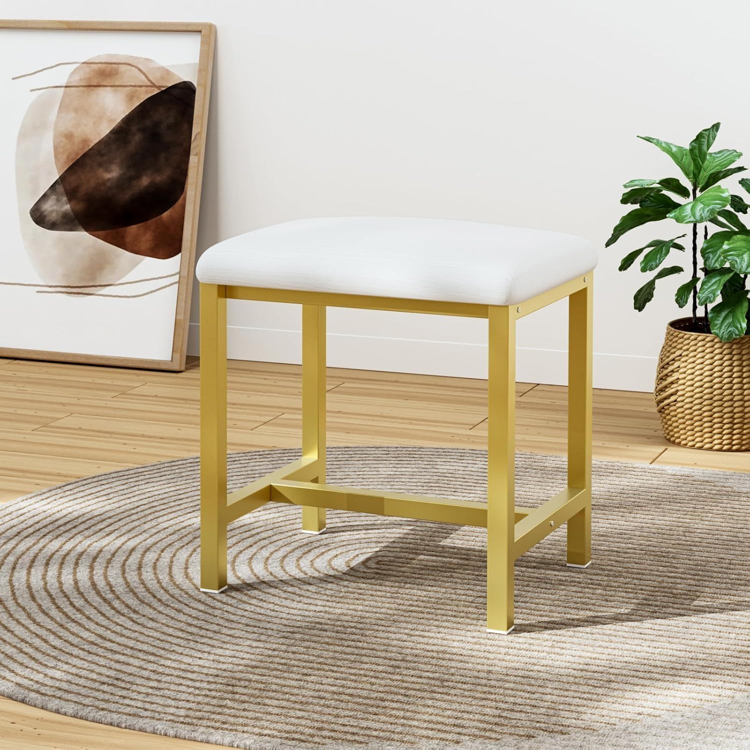 Small Vanity Stool, Cute Vanity Stools with Cushion, White Gold Makeup Vanity Chair for Small Spaces, Living Room, Bedroom, Bathroom, Entryway, Ottoman Foot Rest for Couch - Image 2